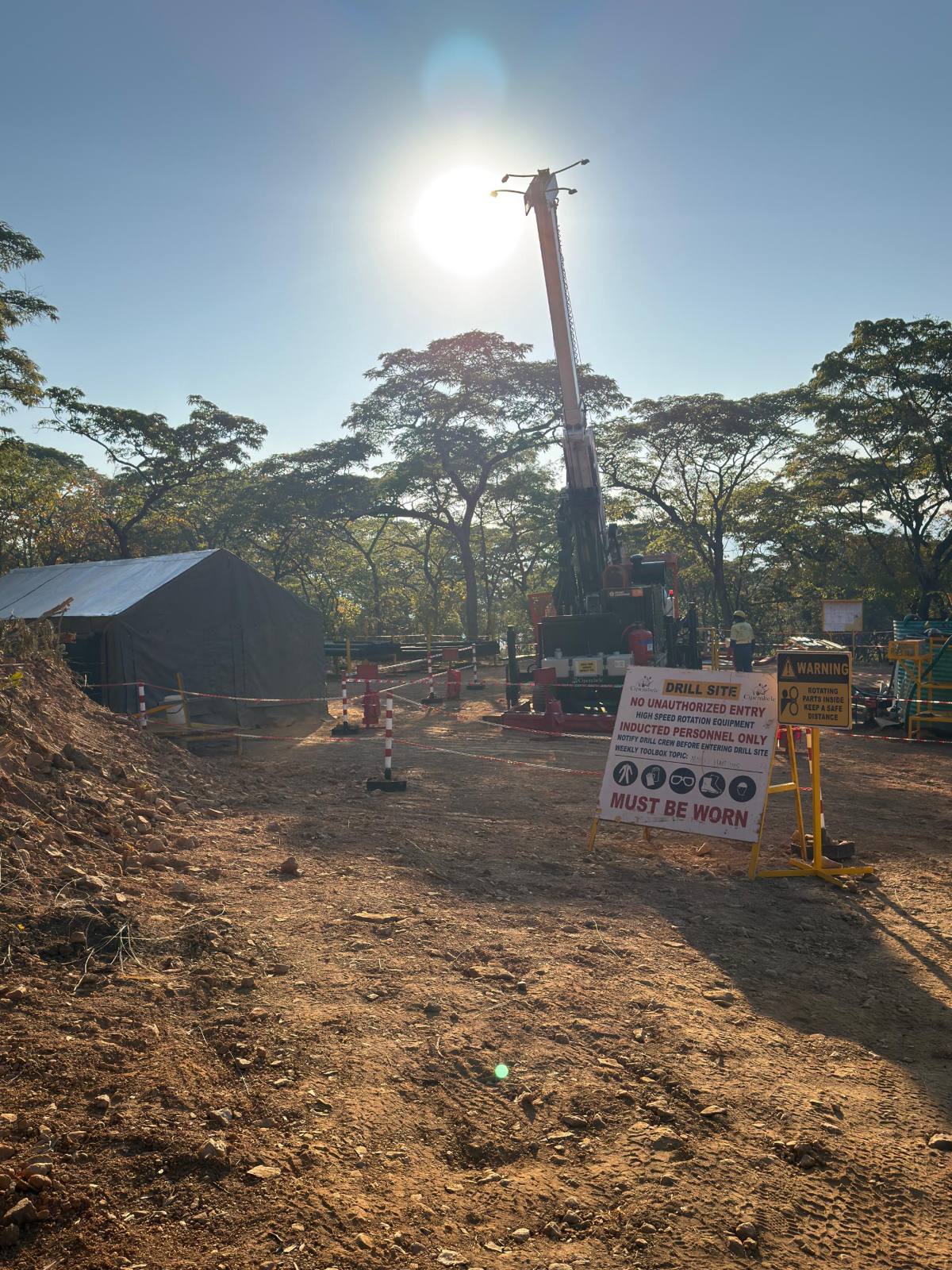 Cipembele drill site with safety signage and barricading